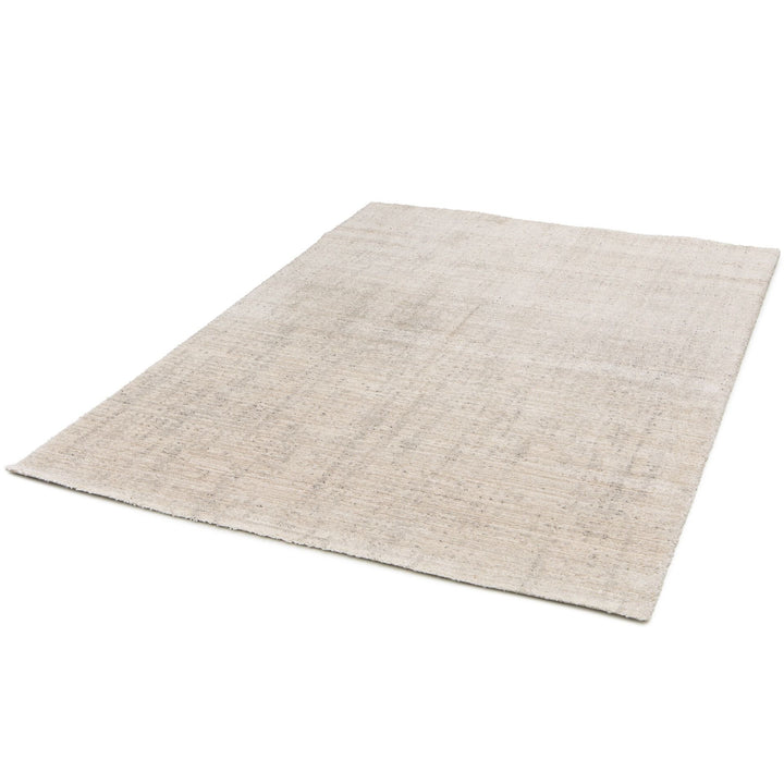 Angled view of beige rug.