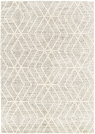 Full view of a grey rug with diamond pattern.