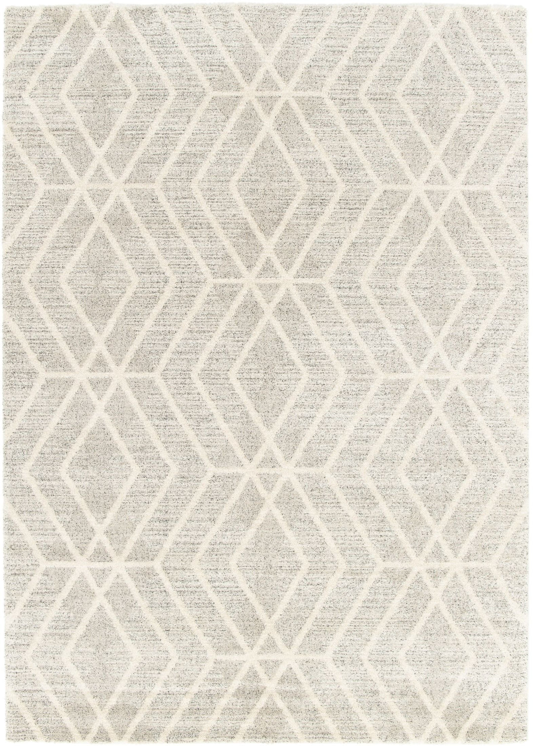 Full view of a grey rug with diamond pattern.