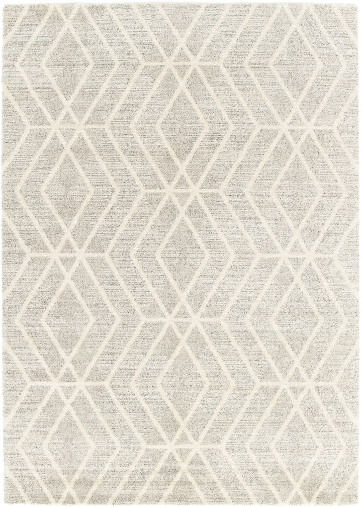 Full view of a grey rug with diamond pattern.