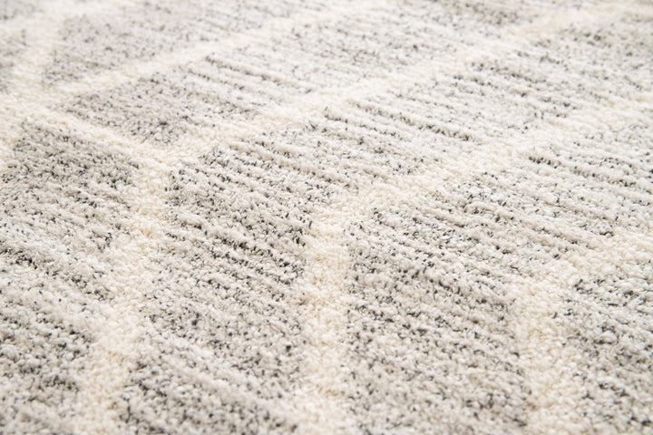 Texture detail of a grey and white rug.