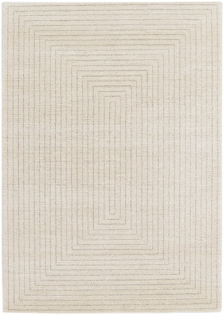 A top view of a rectangular cream rug with concentric line design.
