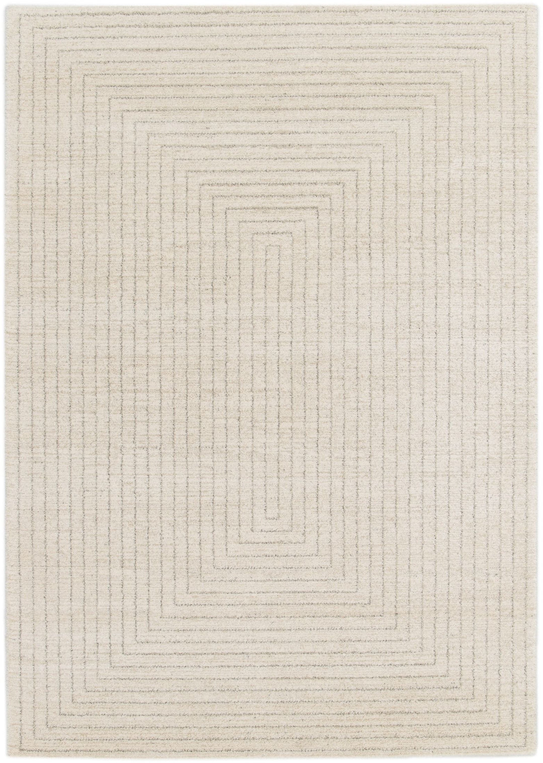 A top view of a rectangular cream rug with concentric line design.