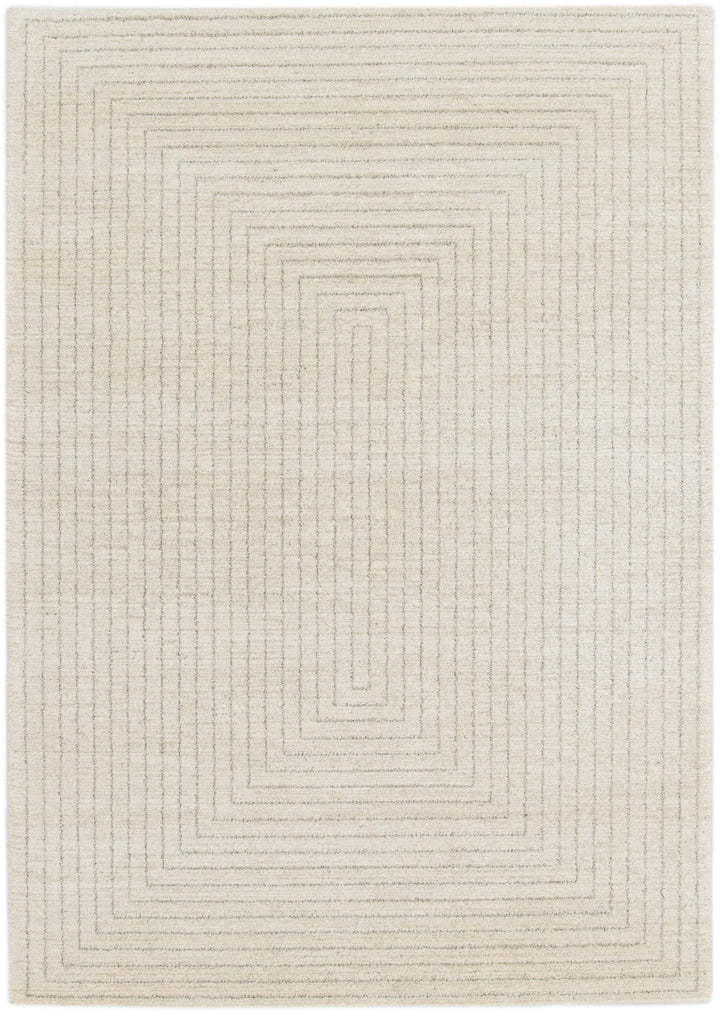 A top view of a rectangular cream rug with concentric line design.