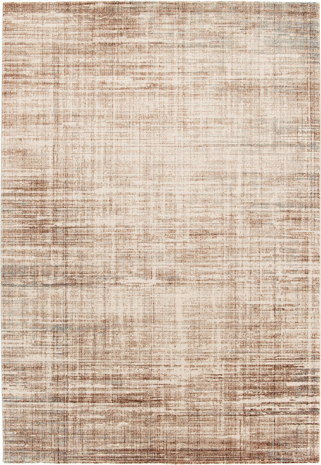 Full view of a beige and brown patterned area rug.