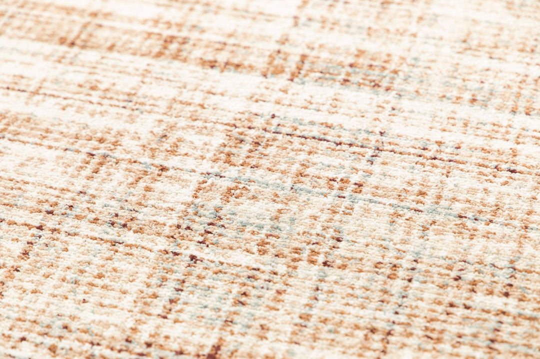 Detailed close-up of the textured beige and brown rug surface.