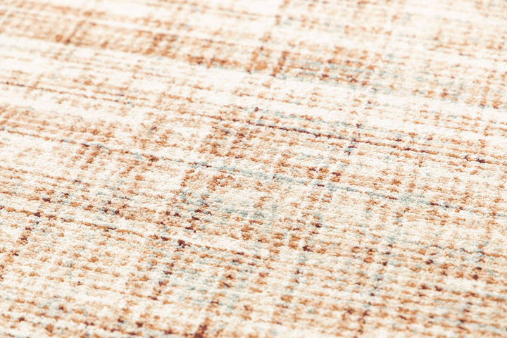 Detailed close-up of the textured beige and brown rug surface.