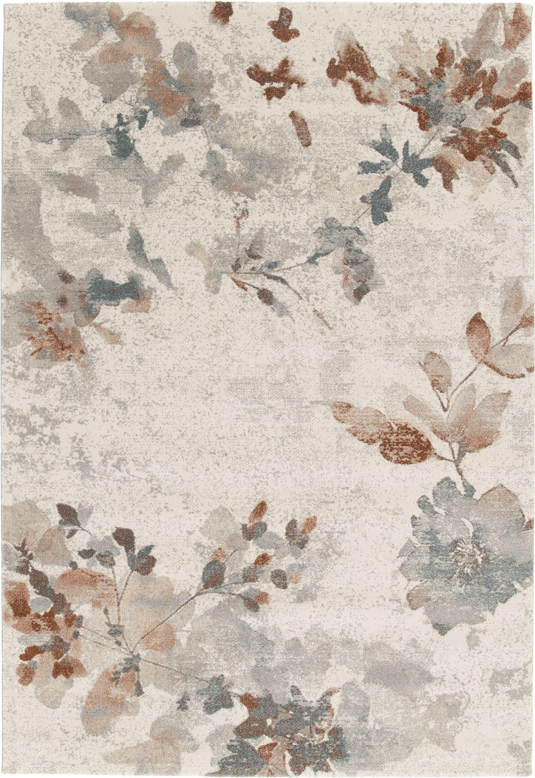 A full view of a floral patterned rug in beige, blue, and rust tones.