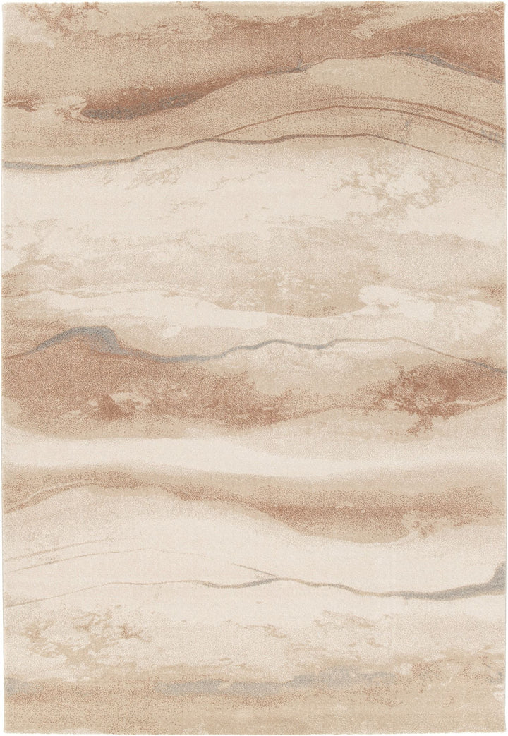 Beige and brown patterned rug laid flat.