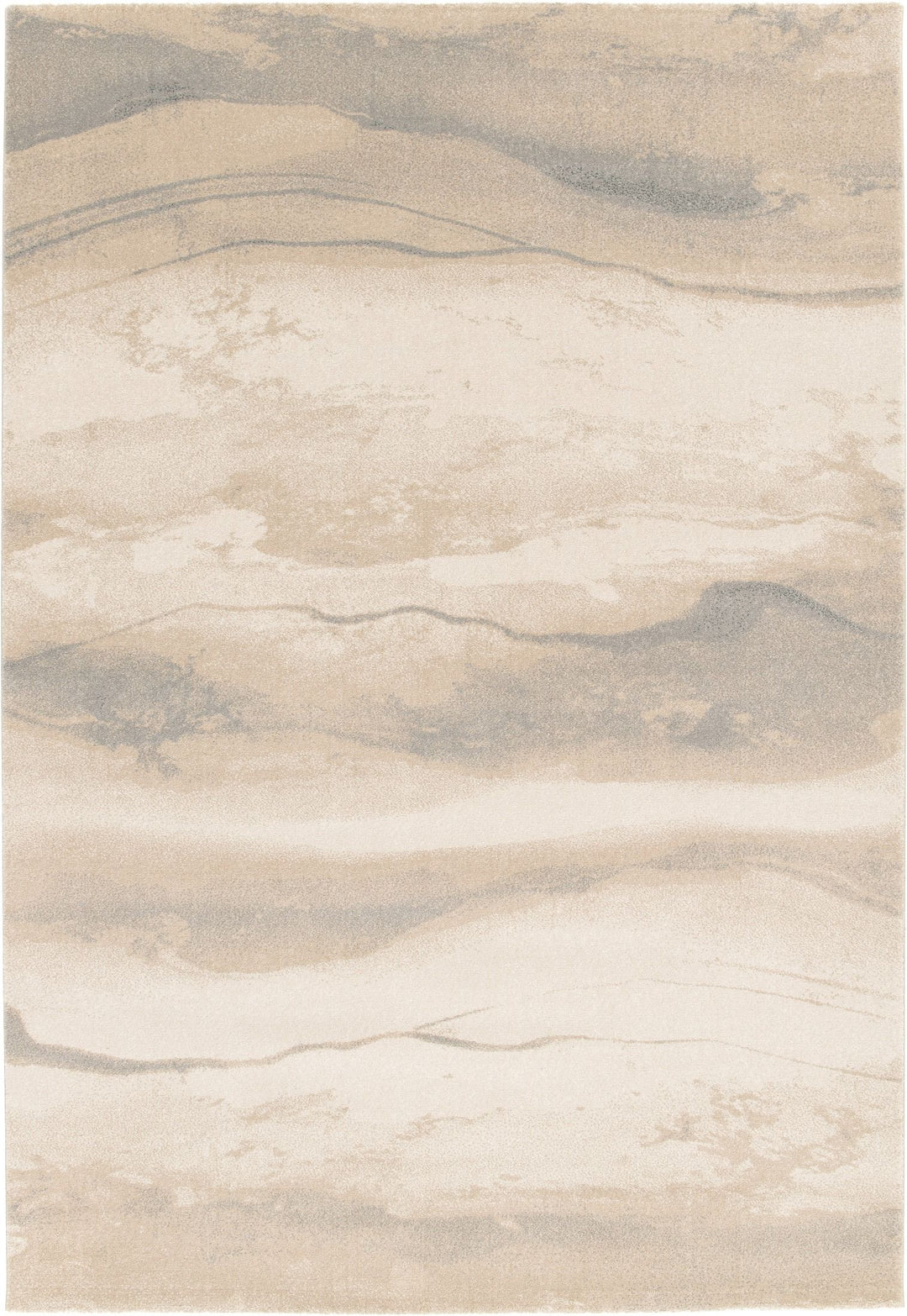 Full top view of beige and gray patterned rug.