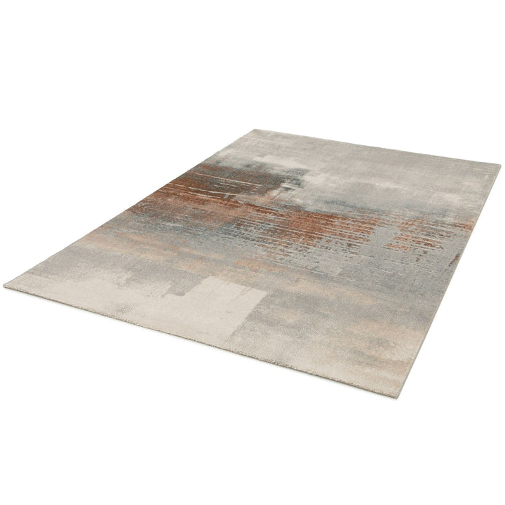 Modern abstract rug in grey and rust colors.