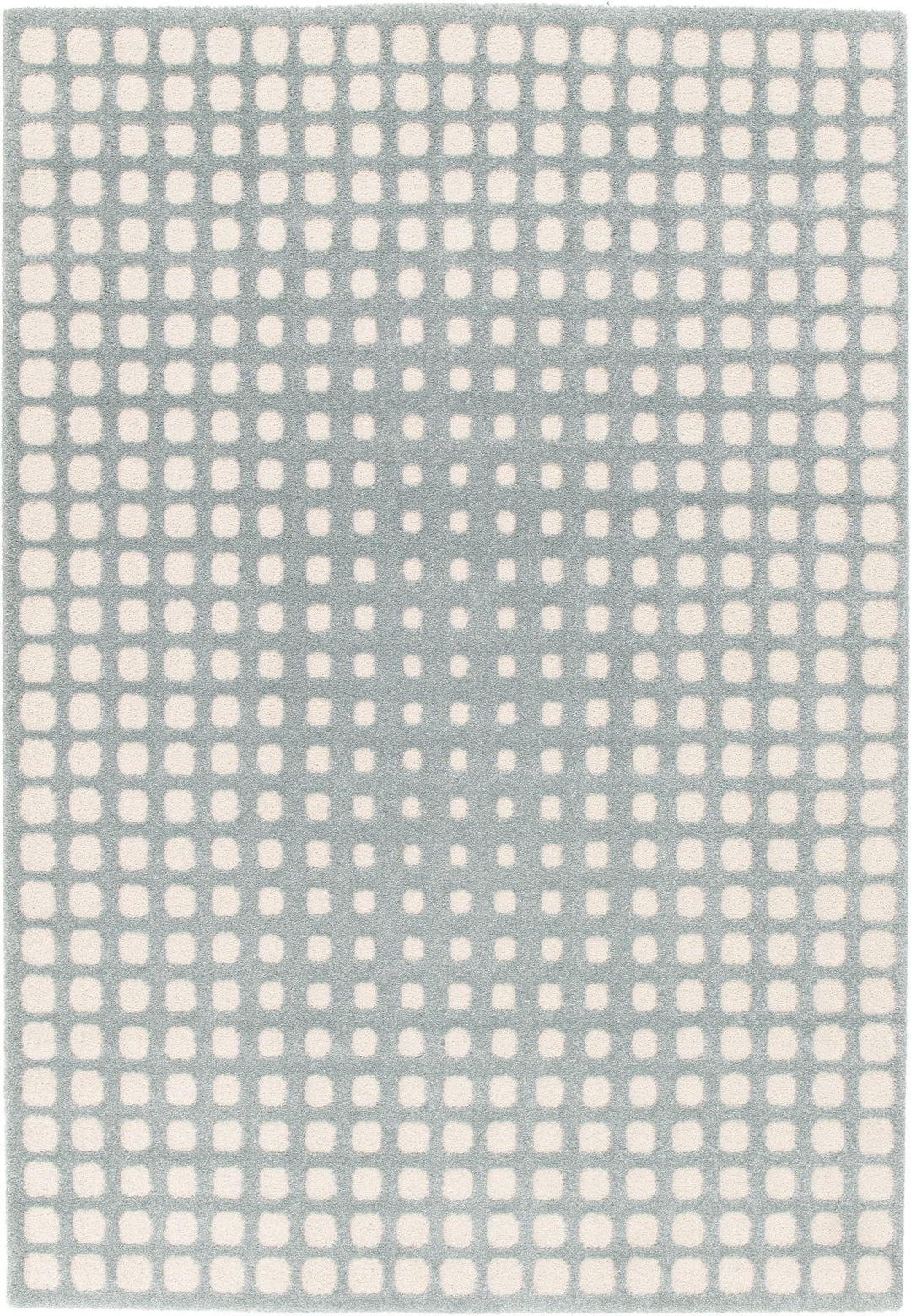 Full view of blue rug with white square design.