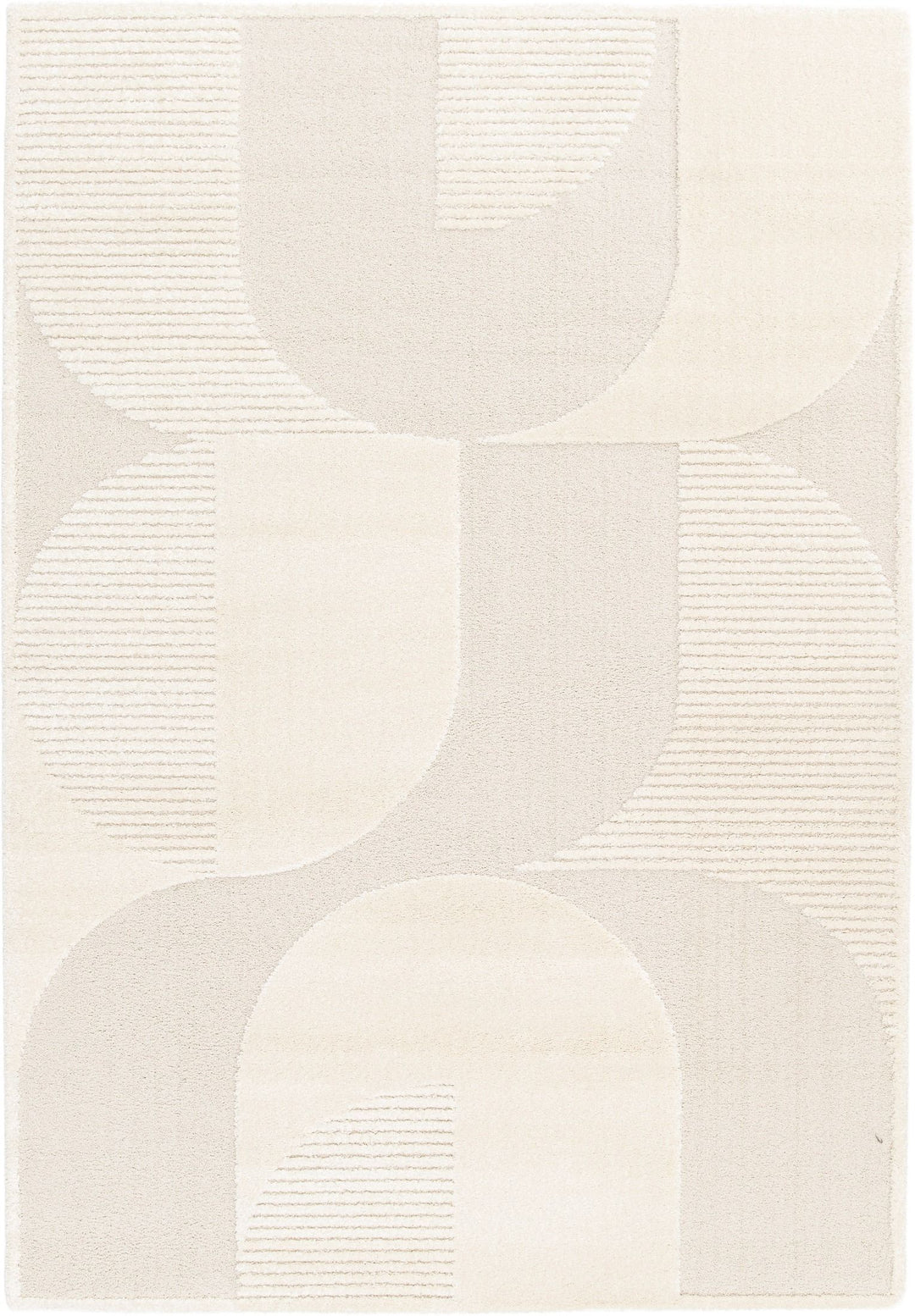Cream geometric rug with subtle curved pattern.