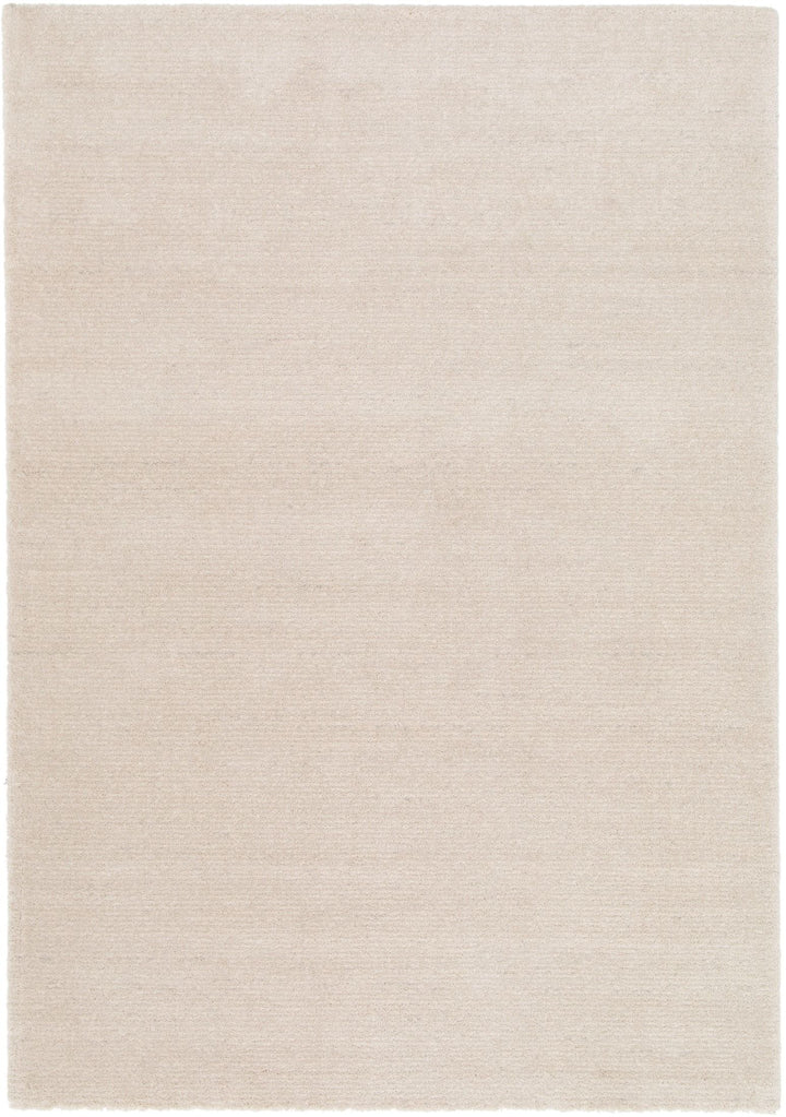 Flat view of a beige area rug with a smooth finish.