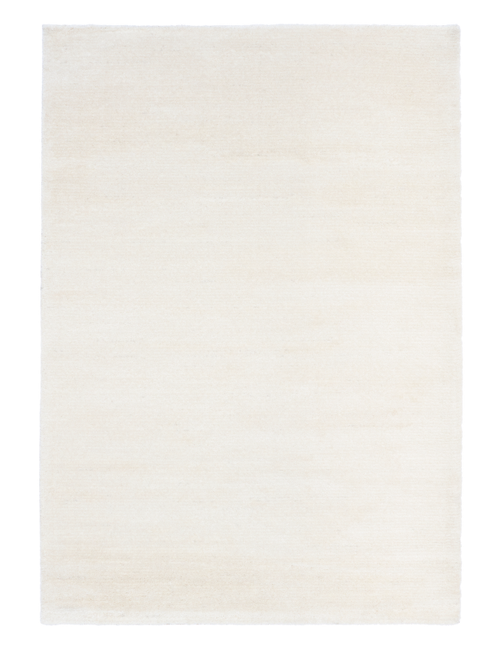 Flat view of a beige area rug with a smooth finish.