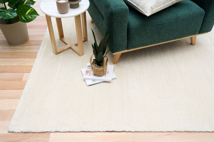Beige area rug placed under a sofa and table in a bright room.