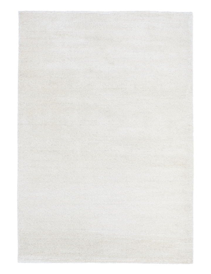 Full top view of a bright beige rug with uniform texture.