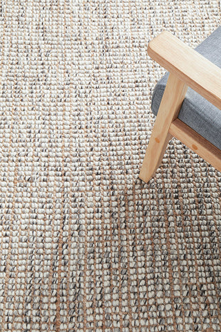 Arabella grey Scandinavian wool jute area rug in modern Australian living room with contemporary furniture