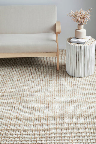 Arabella natural Scandinavian wool jute area rug in modern Australian living room with contemporary furniture
