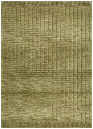 Full view of olive green rug with geometric textured pattern.