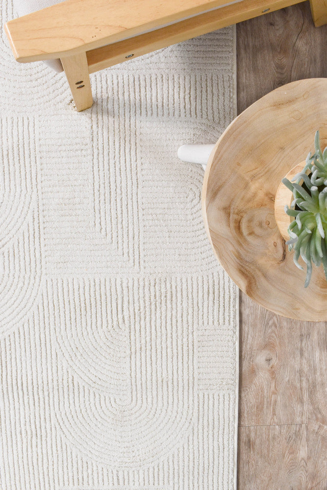 Cream geometric runner rug in a contemporary Australian interior – easy clean polypropylene