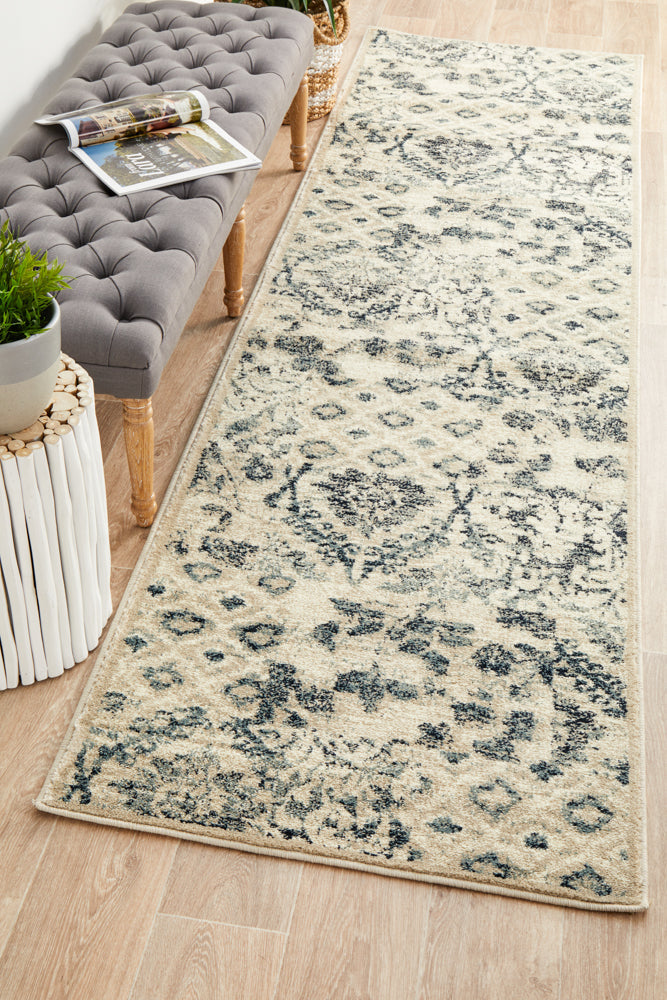 Oxford Illusion Blue runner rug with mesmerizing optical pattern on hardwood floor