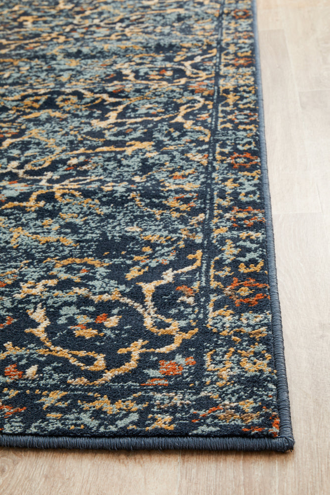 Oxford Stem Navy runner rug featuring intricate botanical motifs in traditional Egyptian weaving style