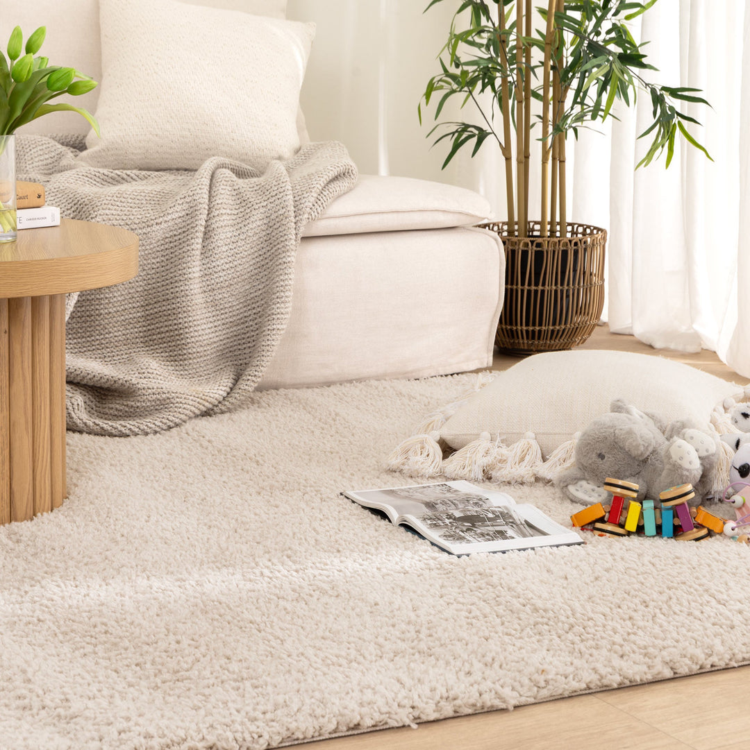 Lune Beige Shaggy Rug styled in a warm neutral Australian living room. South Morang