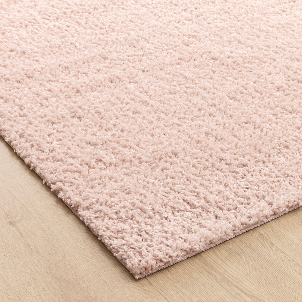 Close-up of Lune Blush Pink Shaggy Rug pile — 40mm ultra-soft non-shedding polyester south morang
