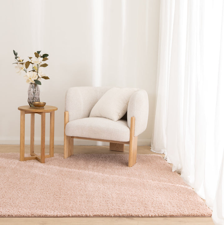 Lune Blush Pink Shaggy Rug styled in a soft feminine Australian bedroom
