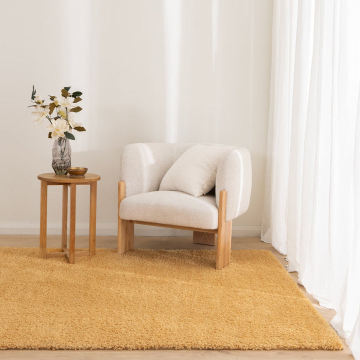 Lune Ochre Shaggy Rug styled in a warm boho Australian living room