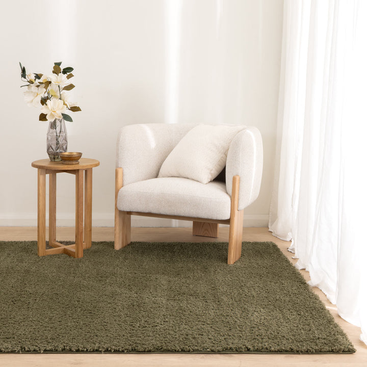 Lune Olive Green Shaggy Rug styled in a natural earthy Australian living room
