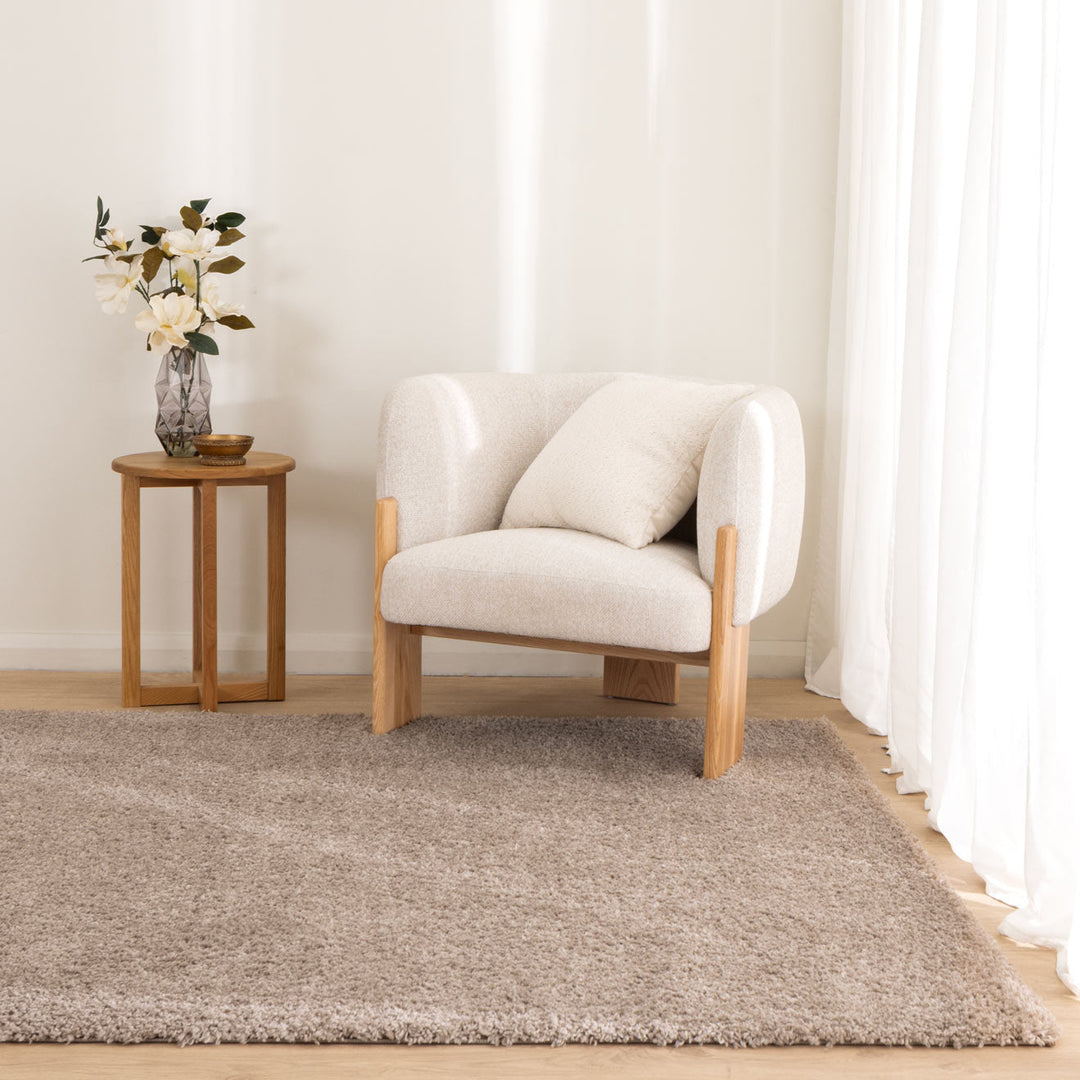 Lune Taupe Shaggy Rug styled in a neutral Australian living room
