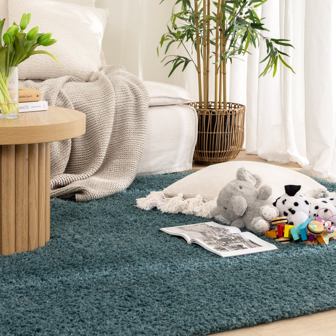 Lune Teal Shaggy Rug flat lay living room and teal colour