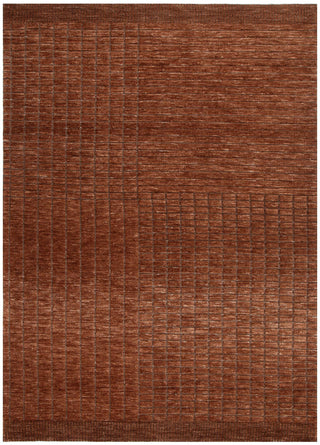 Full view of terracotta rug with grid and line pattern on a plain background.