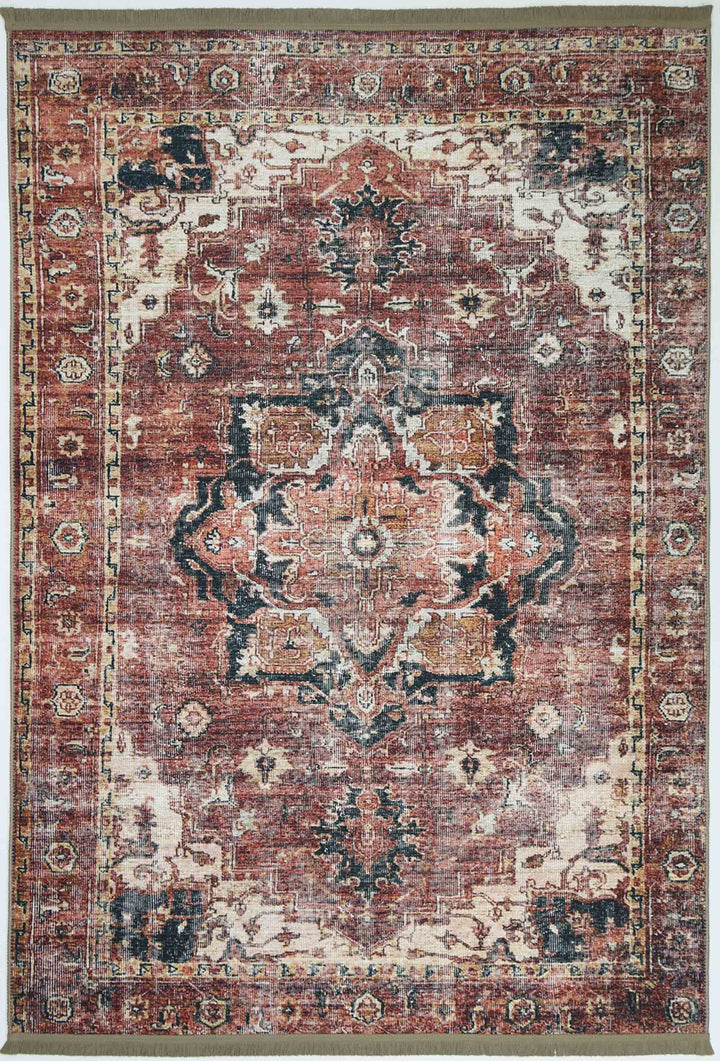Distressed Vintage Cezanne Terracotta Area Rug - VITAL 2244-01 (with fringe)