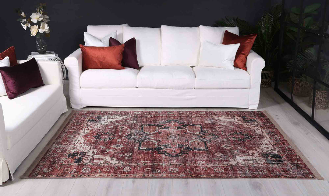 Distressed Vintage Cezanne Terracotta Area Rug - VITAL 2244-01 (with fringe)