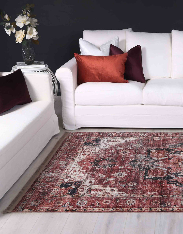 Distressed Vintage Cezanne Terracotta Area Rug - VITAL 2244-01 (with fringe)