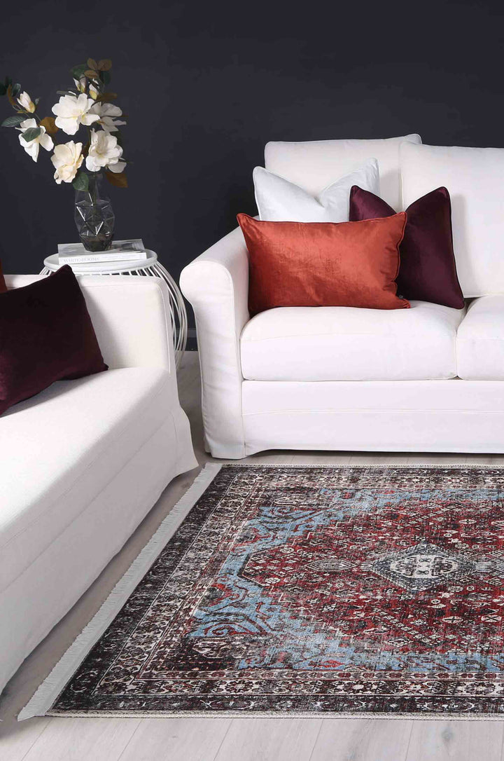 Loane Distressed Vintage Ruby & Sky Blue Rug - VITAL 2923-00 (with fringe)
