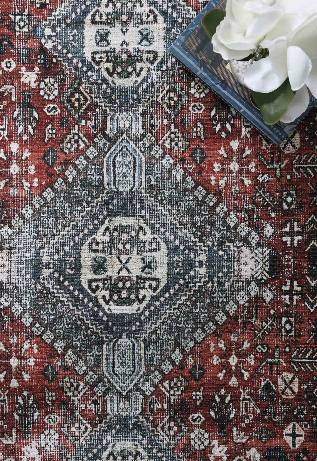 Loane Distressed Vintage Ruby & Sky Blue Rug - VITAL 2923-00 (with fringe)