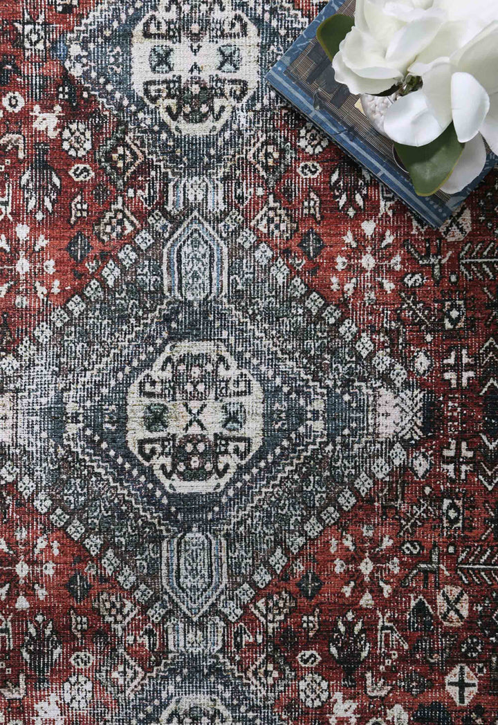 Loane Distressed Vintage Ruby & Sky Blue Rug - VITAL 2923-00 (with fringe)