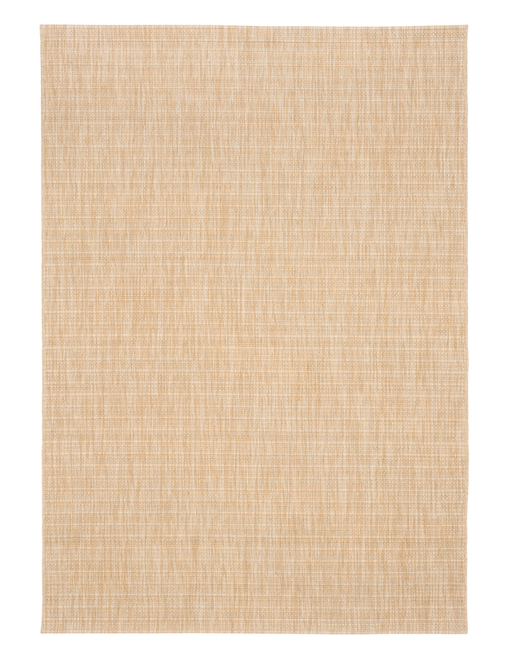 Full top-down view of a beige woven rug with a subtle diamond lattice pattern on a white background.