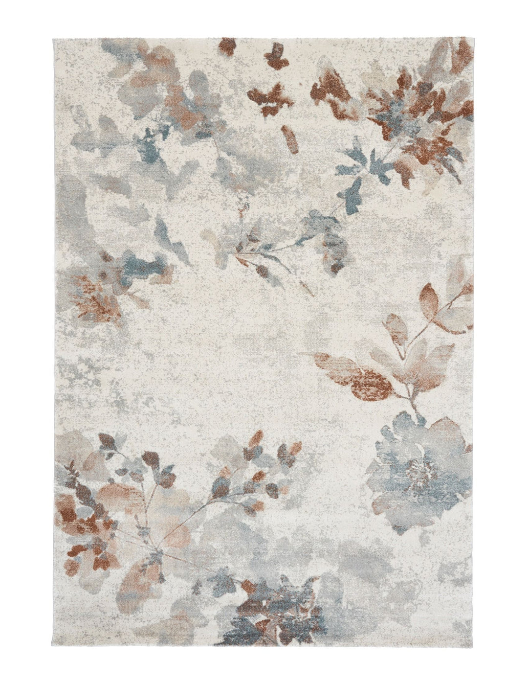 A full overhead view of a beige rug with floral designs in blue and rust.