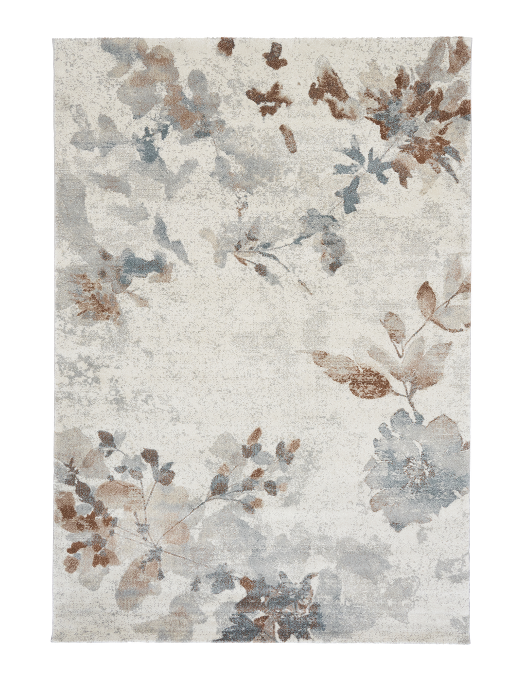 Beige floral area rug with blue and brown accents.