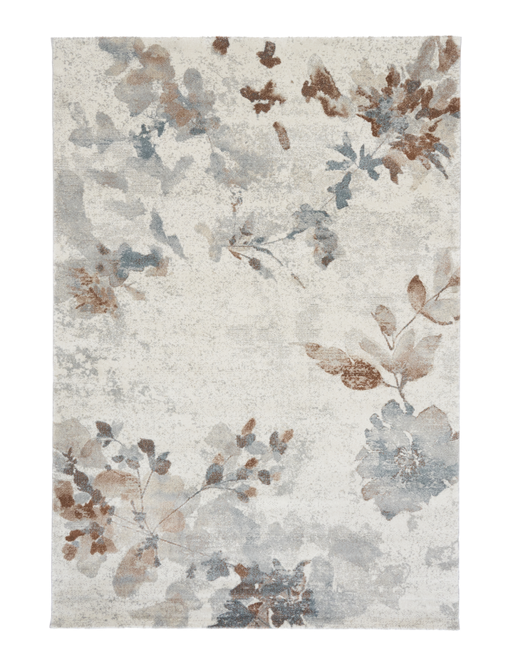Beige floral area rug with blue and brown accents.