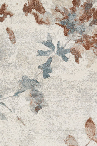 Close-up of rug surface with blue and brown leaves.
