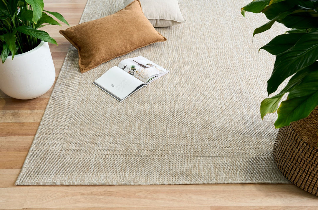 Styled room with dawn foam rug, cushions, and plant.