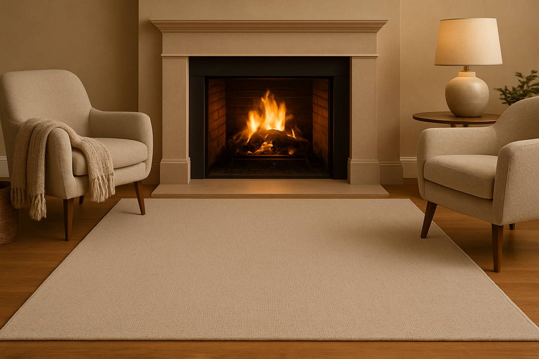 Beige rug in cozy living room with fireplace and armchairs.