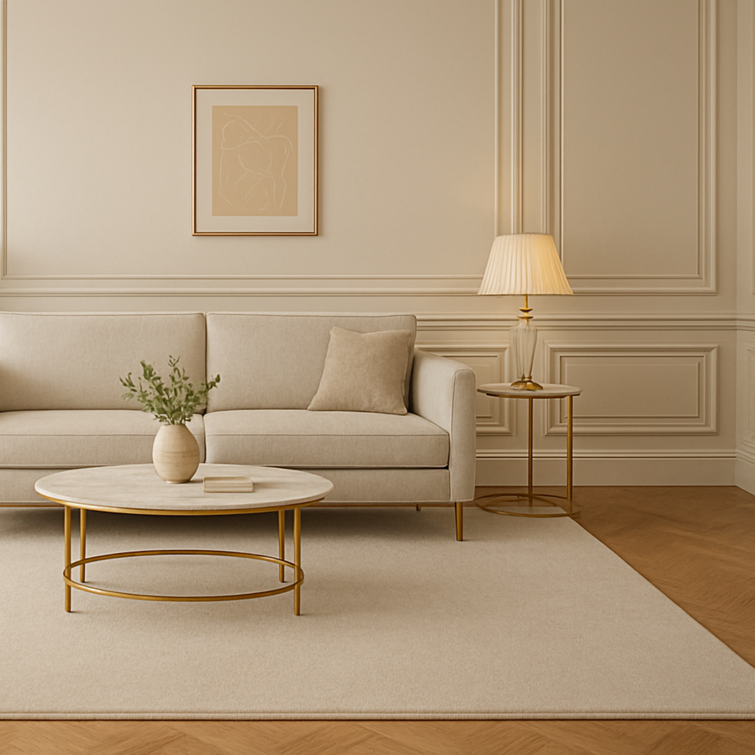 Beige rug with sofa and lamp.