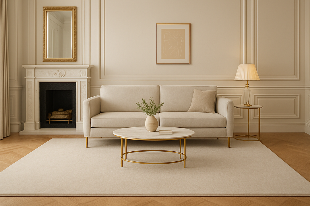 Beige rug in elegant living room.